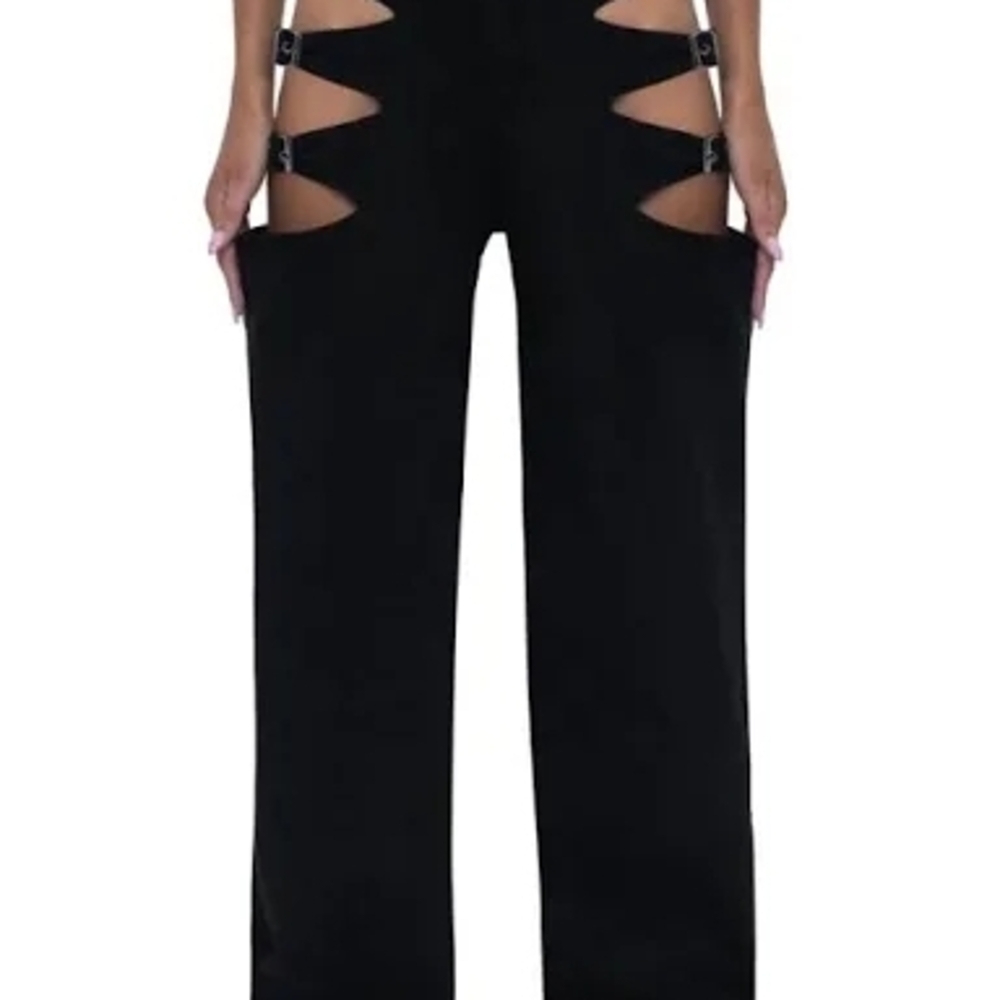 DEFI Edgy Black Women's Wide Leg Pants with Cut-Outs - Picture 3 of 3